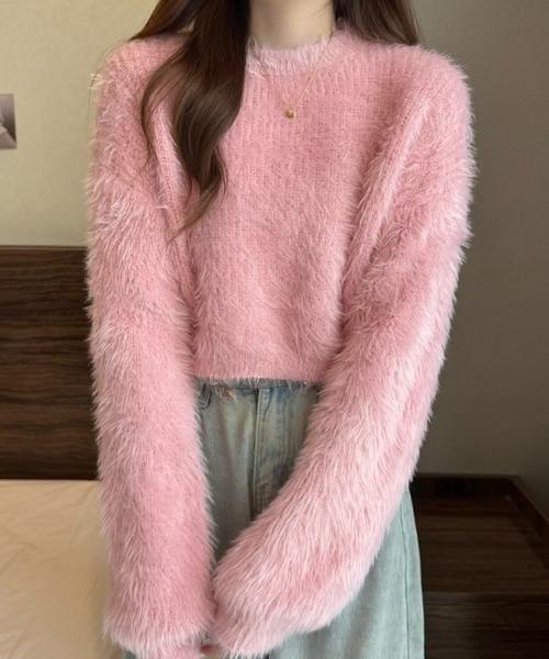 FREE STYLISTS（フリー スタイリスト）の「YUGA_YGMCシャギー　クロップドニットトップス（ニット/セーター・レディース・ピンク/ホワイト/ベージュ/ブルー/グリーン・FREE）」の13枚目の写真