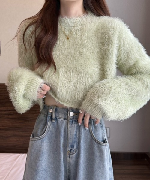 FREE STYLISTS（フリー スタイリスト）の「YUGA_YGMCシャギー　クロップドニットトップス（ニット/セーター・レディース・ピンク/ホワイト/ベージュ/ブルー/グリーン・FREE）」の7枚目の写真