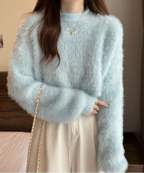 FREE STYLISTS（フリー スタイリスト）の「YUGA_YGMCシャギー　クロップドニットトップス（ニット/セーター・レディース・ピンク/ホワイト/ベージュ/ブルー/グリーン・FREE）」の9枚目の写真