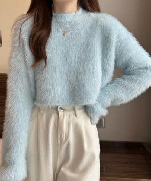 FREE STYLISTS（フリー スタイリスト）の「YUGA_YGMCシャギー　クロップドニットトップス（ニット/セーター・レディース・ピンク/ホワイト/ベージュ/ブルー/グリーン・FREE）」の20枚目の写真