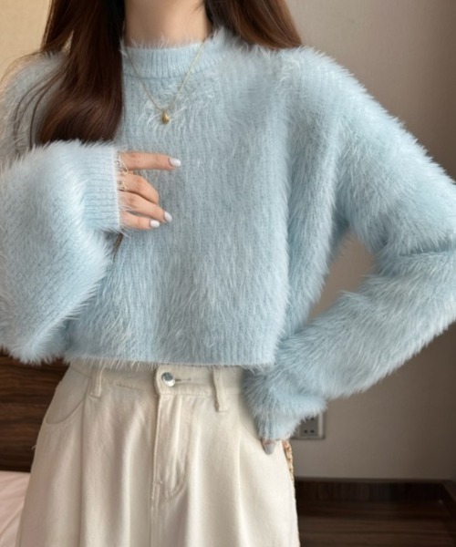 FREE STYLISTS（フリー スタイリスト）の「YUGA_YGMCシャギー　クロップドニットトップス（ニット/セーター・レディース・ピンク/ホワイト/ベージュ/ブルー/グリーン・FREE）」の14枚目の写真