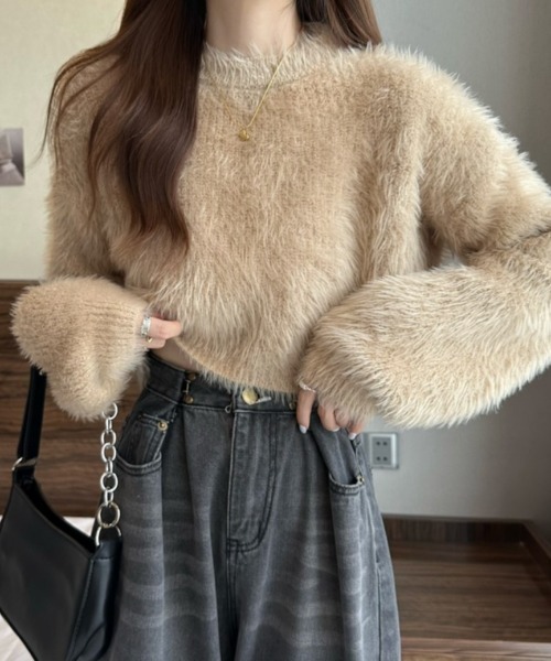 FREE STYLISTS（フリー スタイリスト）の「YUGA_YGMCシャギー　クロップドニットトップス（ニット/セーター・レディース・ピンク/ホワイト/ベージュ/ブルー/グリーン・FREE）」の15枚目の写真