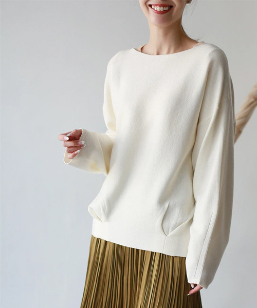 REAL CUBE（リアルキューブ）の「静電気防止裾タックニット（ニット/セーター・レディース・パープル/オフホワイト・M）」の3枚目の写真