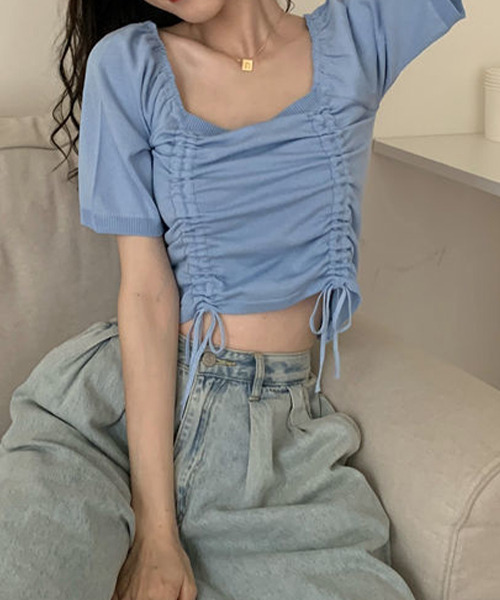 c.u.l(シーユーエル)の「シャーリング ニットトップス culw414(Tシャツ/カットソー・レディース・ブラック/ホワイト/ブルー・FREE)」の3枚目の写真