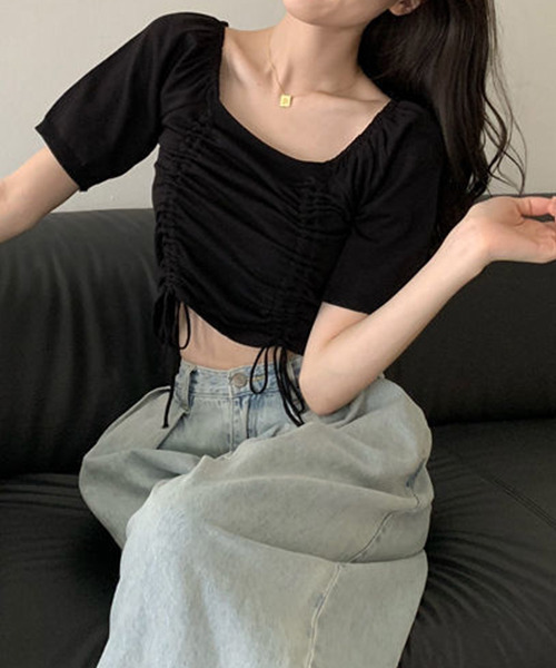 c.u.l(シーユーエル)の「シャーリング ニットトップス culw414(Tシャツ/カットソー・レディース・ブラック/ホワイト/ブルー・FREE)」の6枚目の写真