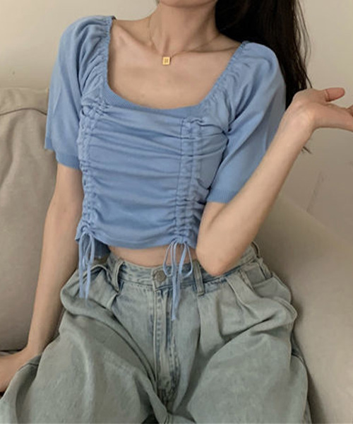 c.u.l(シーユーエル)の「シャーリング ニットトップス culw414(Tシャツ/カットソー・レディース・ブラック/ホワイト/ブルー・FREE)」の7枚目の写真