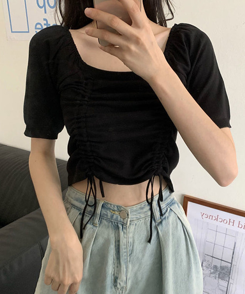 c.u.l(シーユーエル)の「シャーリング ニットトップス culw414(Tシャツ/カットソー・レディース・ブラック/ホワイト/ブルー・FREE)」の9枚目の写真