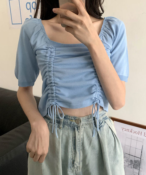 c.u.l(シーユーエル)の「シャーリング ニットトップス culw414(Tシャツ/カットソー・レディース・ブラック/ホワイト/ブルー・FREE)」の5枚目の写真