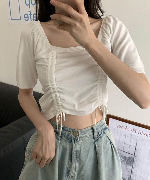 c.u.l(シーユーエル)の「シャーリング ニットトップス culw414(Tシャツ/カットソー・レディース・ブラック/ホワイト/ブルー・FREE)」の8枚目の写真