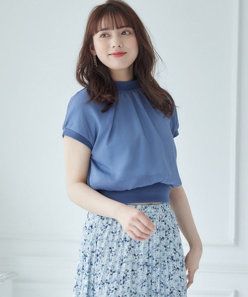 トゥエルブアジェンダ 12Twelve Agenda プチハイネックインナー付ショート丈プルオーバー （ブルー） セール】プチハイネックインナー付ショート丈プルオーバー（T
