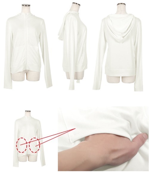 KOBE LETTUCE（コウベレタス）の「半永久UVカット＆速乾フード付きシンプルパーカー（パーカー・レディース・グレイッシュベージュ/グレー/ネイビー/ピンク系/ブラック/オフホワイト/ブルーグリーン・M1/XL/L1/XXL）」の18枚目の写真