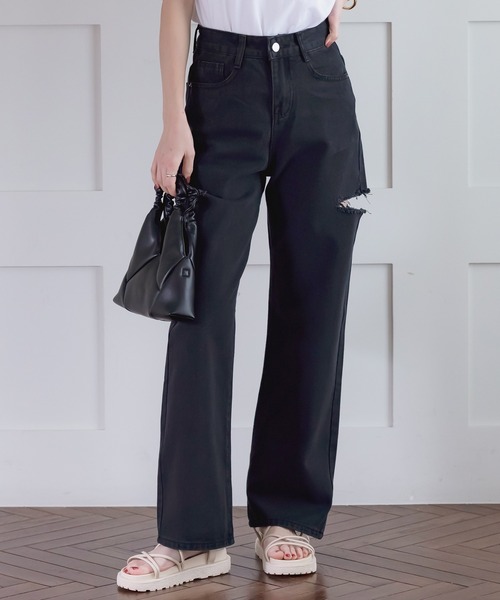 DAY CLOSET（デイ クローゼット）の「レディース カッティングストレートハイライズデニムパンツ（デニムパンツ・レディース・ブルー/ブラック・S/L/M/XL/XS）」の2枚目の写真