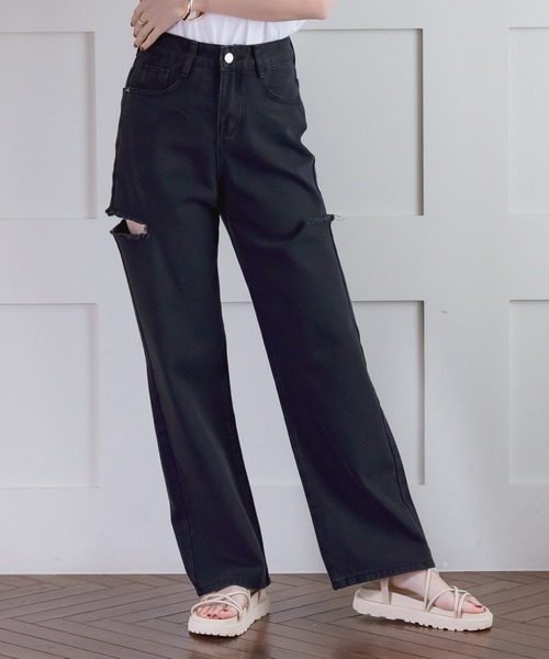 DAY CLOSET（デイ クローゼット）の「レディース カッティングストレートハイライズデニムパンツ（デニムパンツ・レディース・ブルー/ブラック・S/L/M/XL/XS）」の3枚目の写真