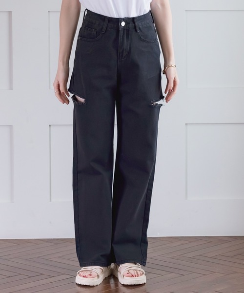 DAY CLOSET（デイ クローゼット）の「レディース カッティングストレートハイライズデニムパンツ（デニムパンツ・レディース・ブルー/ブラック・S/L/M/XL/XS）」の4枚目の写真