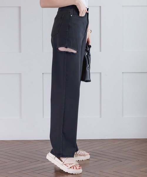 DAY CLOSET（デイ クローゼット）の「レディース カッティングストレートハイライズデニムパンツ（デニムパンツ・レディース・ブルー/ブラック・S/L/M/XL/XS）」の6枚目の写真