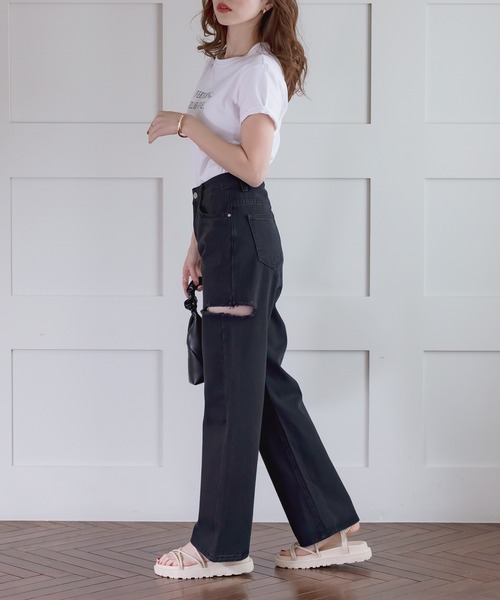 DAY CLOSET（デイ クローゼット）の「レディース カッティングストレートハイライズデニムパンツ（デニムパンツ・レディース・ブルー/ブラック・S/L/M/XL/XS）」の12枚目の写真