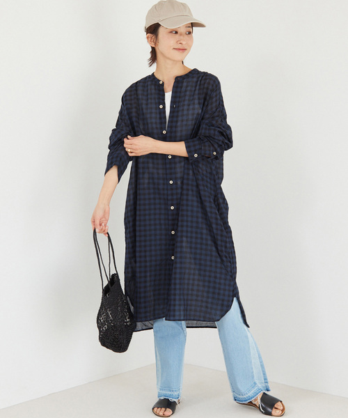 ARMEN(アーメン)の「【ARMEN】COTTON VOILE ギンガムチェックバンドカラーロング:ワンピース(ワンピース・レディース・ネイビー/イエロー・3)」の15枚目の写真