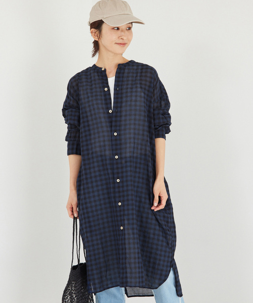 ARMEN(アーメン)の「【ARMEN】COTTON VOILE ギンガムチェックバンドカラーロング:ワンピース(ワンピース・レディース・ネイビー/イエロー・3)」の19枚目の写真