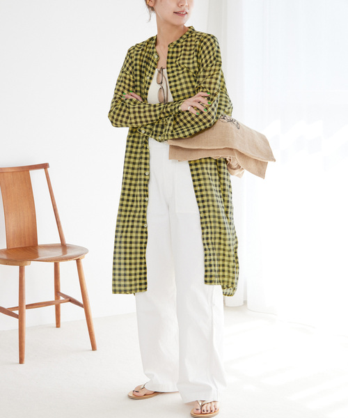 ARMEN(アーメン)の「【ARMEN】COTTON VOILE ギンガムチェックバンドカラーロング:ワンピース(ワンピース・レディース・ネイビー/イエロー・3)」の8枚目の写真