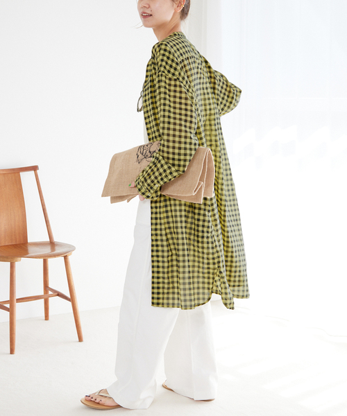 ARMEN(アーメン)の「【ARMEN】COTTON VOILE ギンガムチェックバンドカラーロング:ワンピース(ワンピース・レディース・ネイビー/イエロー・3)」の4枚目の写真
