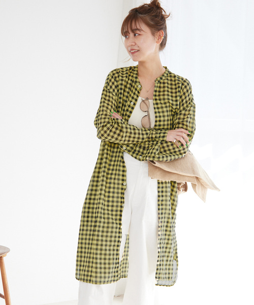 ARMEN(アーメン)の「【ARMEN】COTTON VOILE ギンガムチェックバンドカラーロング:ワンピース(ワンピース・レディース・ネイビー/イエロー・3)」の20枚目の写真