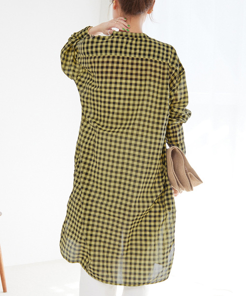 ARMEN(アーメン)の「【ARMEN】COTTON VOILE ギンガムチェックバンドカラーロング:ワンピース(ワンピース・レディース・ネイビー/イエロー・3)」の17枚目の写真