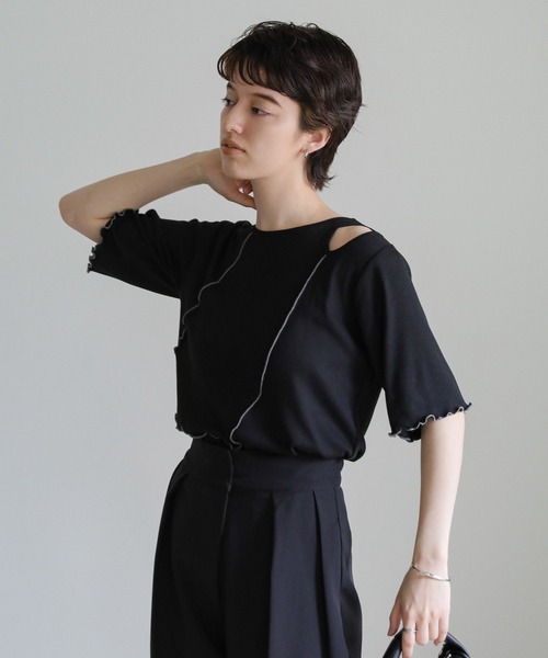 select MOCA(セレクトモカ)の「アシンメトリーバイカラーメロートップス(Tシャツ/カットソー・レディース・ブラック/カーキ/オフホワイト・FREE)」の8枚目の写真