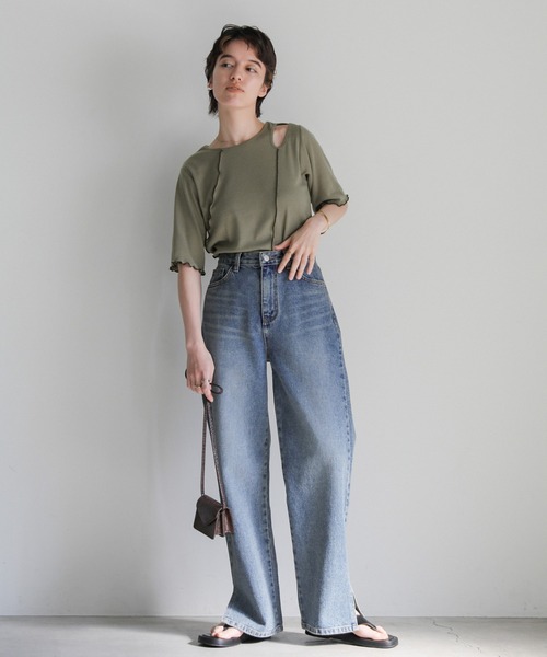 select MOCA(セレクトモカ)の「アシンメトリーバイカラーメロートップス(Tシャツ/カットソー・レディース・ブラック/カーキ/オフホワイト・FREE)」の4枚目の写真