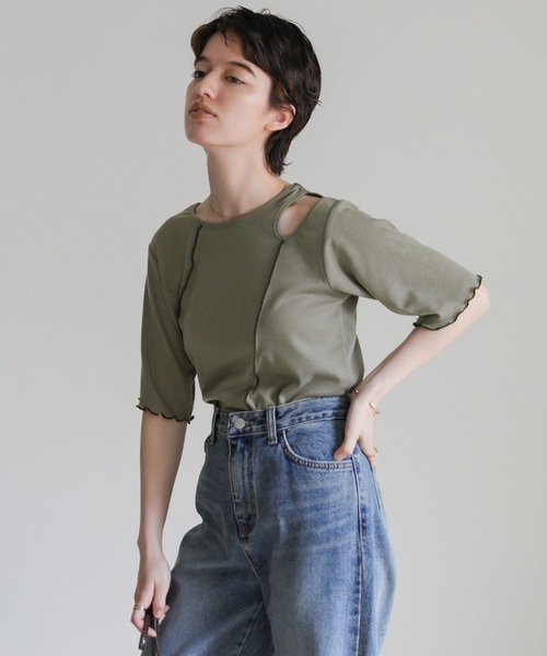 select MOCA(セレクトモカ)の「アシンメトリーバイカラーメロートップス(Tシャツ/カットソー・レディース・ブラック/カーキ/オフホワイト・FREE)」の15枚目の写真