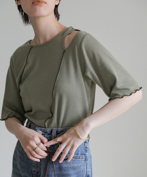 select MOCA(セレクトモカ)の「アシンメトリーバイカラーメロートップス(Tシャツ/カットソー・レディース・ブラック/カーキ/オフホワイト・FREE)」の10枚目の写真