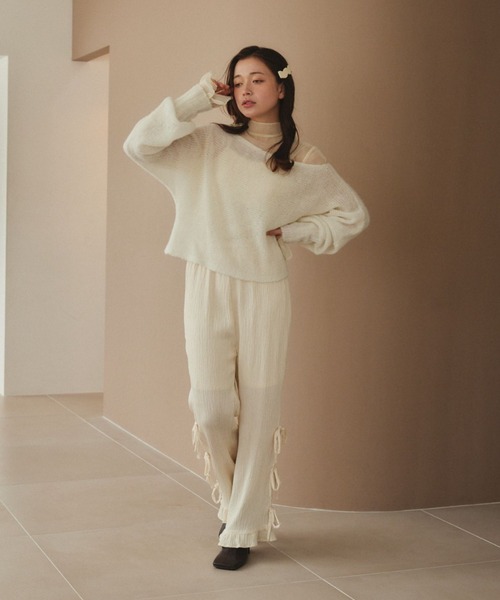 pomiii（ポミー）の「横編みショートニット（ニット/セーター・レディース・ピンク/ホワイト・FREE）」の3枚目の写真