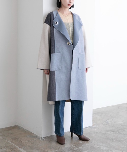 アイレットバーボタン カラーブロックコート