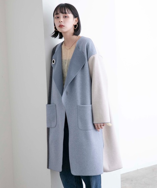 アイレットバーボタン カラーブロックコート アイレットバーボタン カラーブロックコート