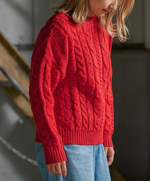 Oldderby Knitwear（オールダービーニットウェア）の「Oldderby Knitwear ケーブルニット JM1006（ニット/セーター・レディース・レッド/ベージュ/ネイビー・M）」の22枚目の写真