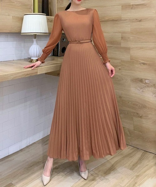 Miniministore（ミニミニストア）の「プリーツ ワンピース ウエストマーク上品（ドレス・レディース・サーモンピンク/ダークパープル/カーキ/ブラック/イエロー/ベージュ/ミント/パープル/ライトブラウン・FREE）」の3枚目の写真