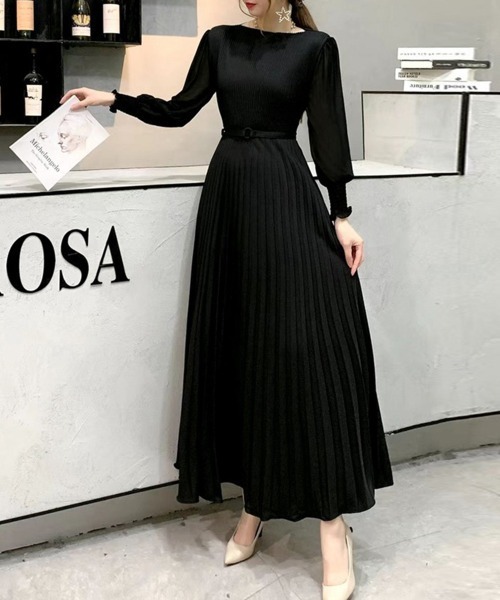 Miniministore（ミニミニストア）の「プリーツ ワンピース ウエストマーク上品（ドレス・レディース・サーモンピンク/ダークパープル/カーキ/ブラック/イエロー/ベージュ/ミント/パープル/ライトブラウン・FREE）」の2枚目の写真