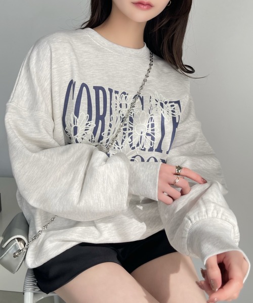 セール】ロゴプリント 花線画刺繍 ビッグ プルオーバー 裏毛