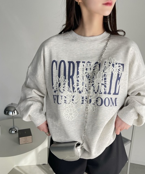 セール】ロゴプリント 花線画刺繍 ビッグ プルオーバー 裏毛