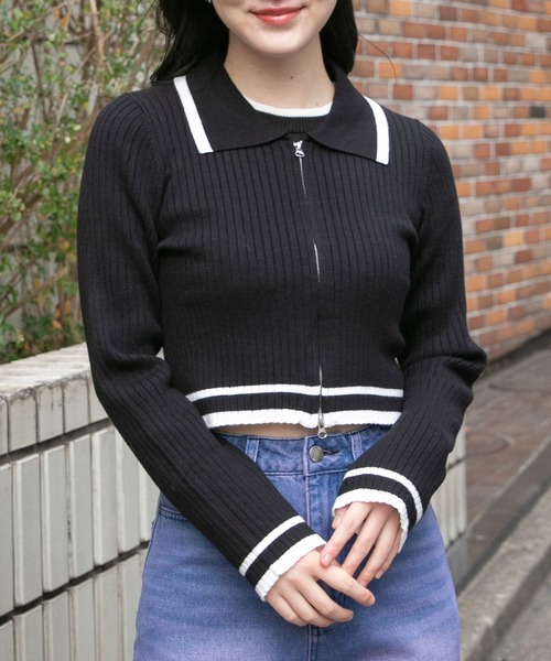 3.3 Field Trip （3.3フィールドトリップ）の「3.3 Field Trip／リブZIPカーディガン（カーディガン/ボレロ・レディース・ブラック/ホワイト・FREE）」の2枚目の写真