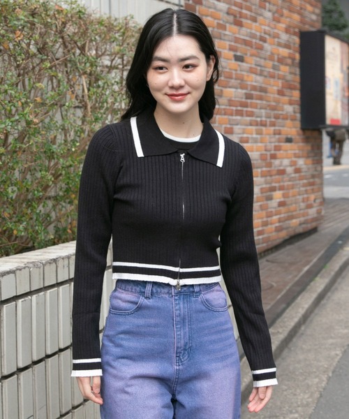 3.3 Field Trip （3.3フィールドトリップ）の「3.3 Field Trip／リブZIPカーディガン（カーディガン/ボレロ・レディース・ブラック/ホワイト・FREE）」の4枚目の写真