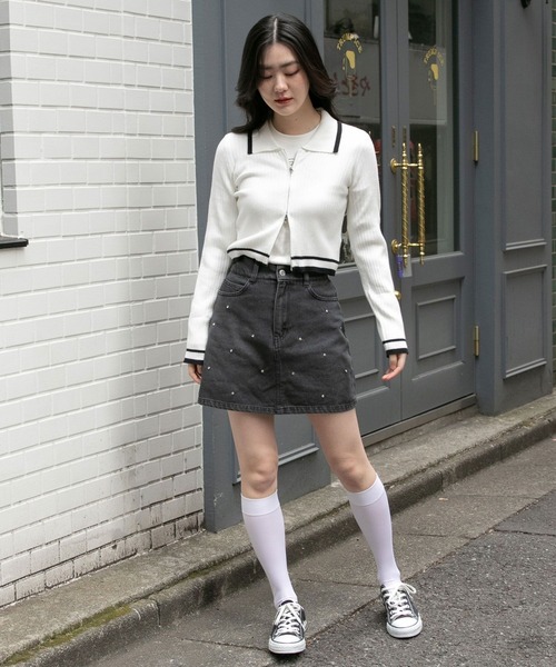 3.3 Field Trip （3.3フィールドトリップ）の「3.3 Field Trip／リブZIPカーディガン（カーディガン/ボレロ・レディース・ブラック/ホワイト・FREE）」の6枚目の写真