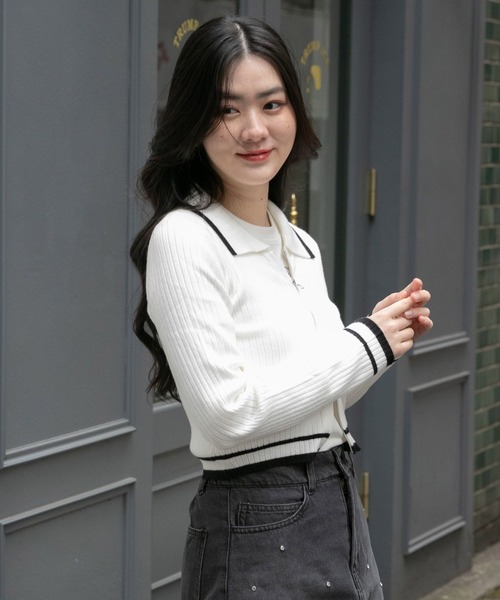 3.3 Field Trip （3.3フィールドトリップ）の「3.3 Field Trip／リブZIPカーディガン（カーディガン/ボレロ・レディース・ブラック/ホワイト・FREE）」の7枚目の写真