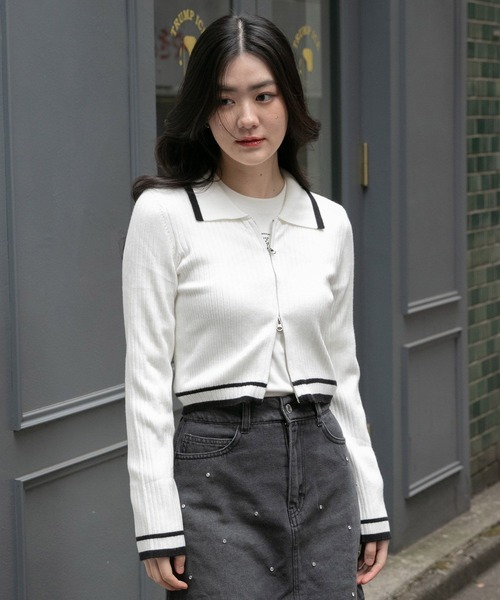 3.3 Field Trip （3.3フィールドトリップ）の「3.3 Field Trip／リブZIPカーディガン（カーディガン/ボレロ・レディース・ブラック/ホワイト・FREE）」の8枚目の写真