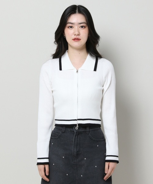3.3 Field Trip （3.3フィールドトリップ）の「3.3 Field Trip／リブZIPカーディガン（カーディガン/ボレロ・レディース・ブラック/ホワイト・FREE）」の10枚目の写真