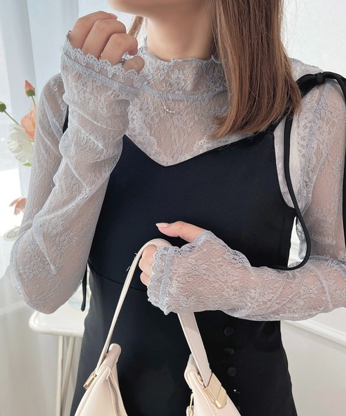 apres jour（アプレジュール）の「指開きハイネックレースインナー【ZOZOTOWN限定アイテム】（Tシャツ/カットソー・レディース・オフホワイト/ブラック/サックスブルー/ピンク・X-LARGE/フリー）」の3枚目の写真