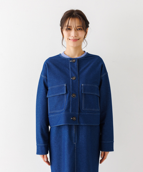 abahouse mavie(アバハウスマヴィ)の「ジャージーデニムショートジャケット(ノーカラージャケット・レディース・ブルー・フリー)」の9枚目の写真