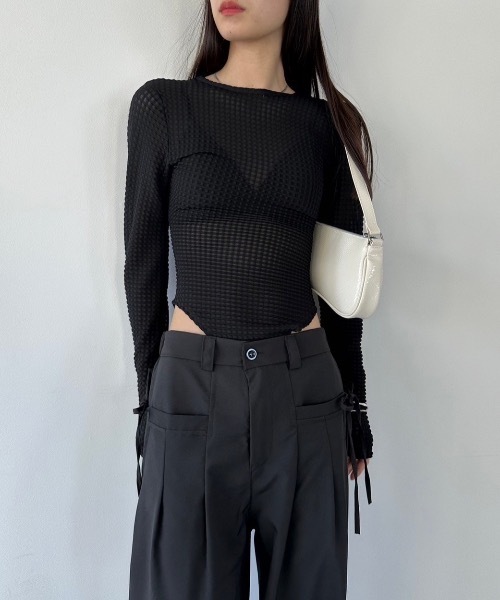 DRWCYS（ドロシーズ）の「シアーギンガムボディスーツ（Tシャツ/カットソー・レディース・ホワイト/ブラック・FREE）」の2枚目の写真