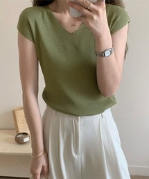 VネックリブニットTシャツ
