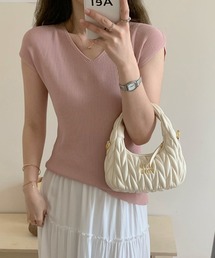 VネックリブニットTシャツ