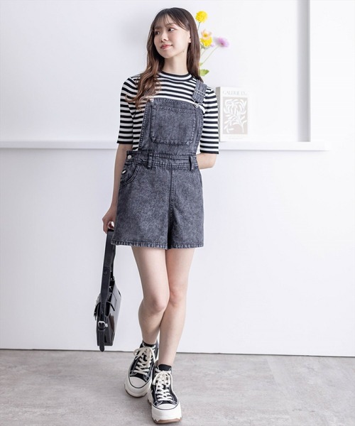 デニムリメイク★なんと！丈フリー変型サロペット antiqua デニム切り替えサロペット サロペット レディース 送料